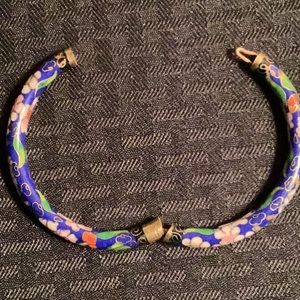 Antique Cloisonné Enamel Cobalt Blue and Floral Hinged Bracelet